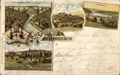 Litho Remscheid im Bergischen Land, Talsperre, Schloss Burg, Totale, Wappen, Brücke