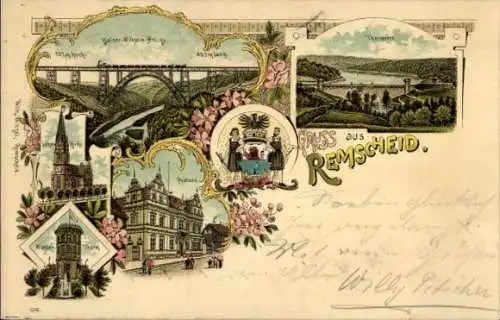 Litho Remscheid im Bergischen Land, Kaiser Wilhelm Brücke, Postamt, Kirche, Wasserturm, Talsperre