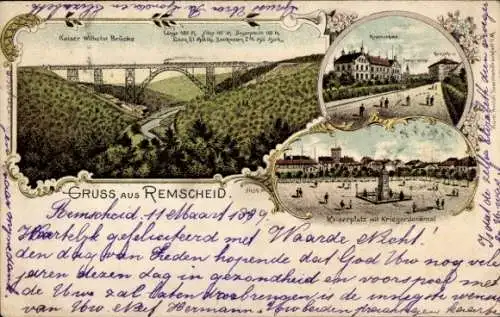 Litho Remscheid Bergisches Land, Kaiser Wilhelm Brücke, Kaiserplatz, Kriegerdenkmal, Krankenhaus