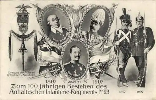 Ak Anhaltisches Infanterie-Regiment No. 93, 100-jähriges Bestehen 1907, Wilhelm II, Friedrich II