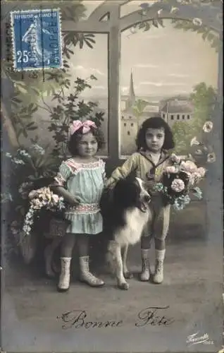 Ak Bordercollie posiert mit zwei Kindern, Portrait