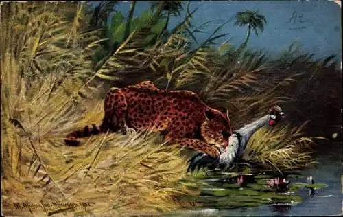 Künstler Ak Müller, M. jun., Gepard mit erlegtem Vogel