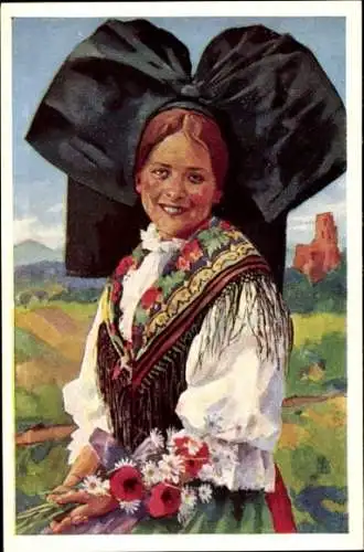 Künstler Ak Weiss, P., Mädchen in Elsässer Volkstracht, Feldblumen