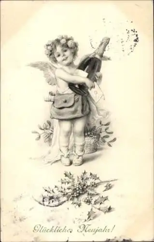 Ak Glückwunsch Neujahr, Engel, Sektflasche, Stechpalme, Mistelzweige