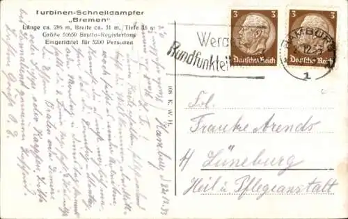 Ak Turbinen-Schnelldampfer Bremen, Norddeutscher Lloyd Bremen NDL