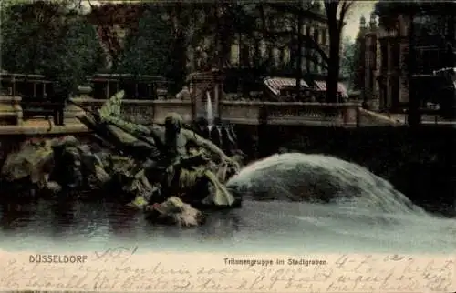 Ak Düsseldorf am Rhein, Tritonengruppe im Stadtgraben