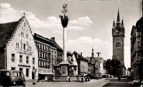 Ak Straubing an der Donau Niederbayern, Stadtplatz, Sparkasse, Säule, Turm