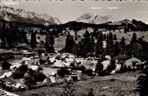 Ak Klais Krün Oberbayern, Mittenwald, Campingplatz, Dreitorspitze, Alpspitze, Zugspitze