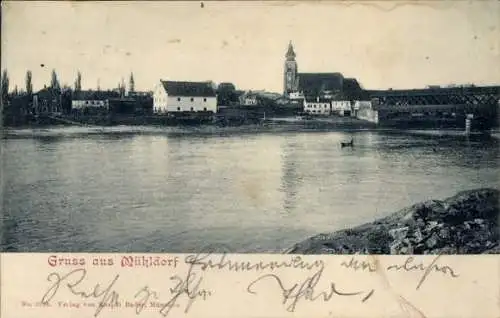 Ak Mühldorf am Inn Oberbayern, Teilansicht, Brücke, Kirche