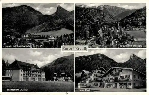 Ak Kreuth am Tegernsee Oberbayern, Blauberg, Hotel Post, Sanatorium Dr. May, Leonhardstein