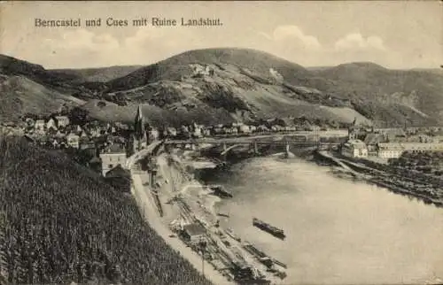 Ak Bernkastel Kues, Panorama mit der Ruine Landshut