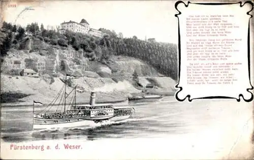 Ak Fürstenberg an der Weser, Weserlied, Dampfschiff Kaiser Wilhelm