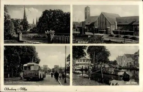 Ak Oldenburg in Oldenburg, Schlossgarten, Bahnhof, Omnibus mit Cäcilienbrücke, Am Stau, Dampfer