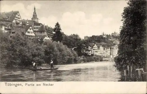 Ak Tübingen am Neckar, Teilansicht, Boot, Hund