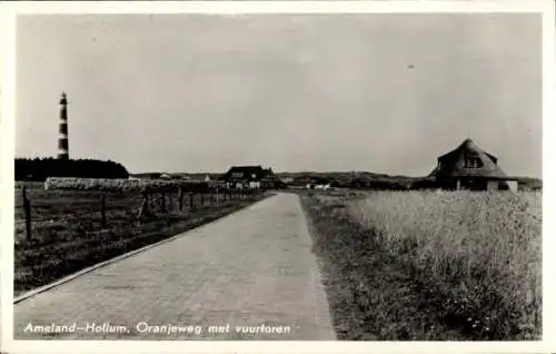 Ak Hollum Ameland Fryslân Niederlande, Oranjeweg mit Leuchtturm