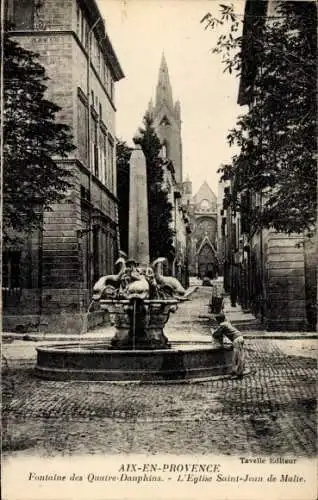 Ak Aix en Provence Bouches du Rhône, Fontaine des Quatre-Dauphins, l'Eglise Saint-Jean de Malie