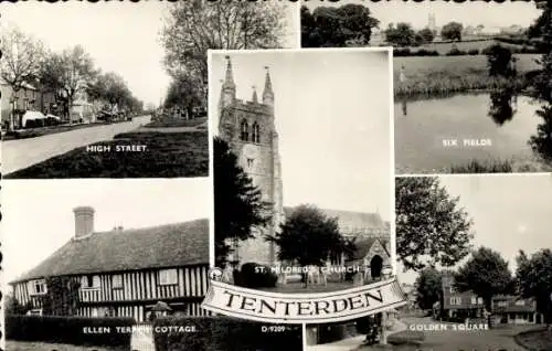 Ak Tenterden Kent England, High Street, Six Fields, Golden Square, Ellen Cottege, Kirche