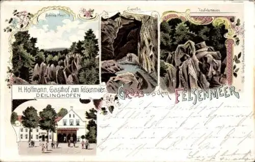 Litho Deilinghofen Hemer, Gasthof zum Felsenmeer, H. Hoffmann, Kleines Meer, Kapelle, Teufelsmauer