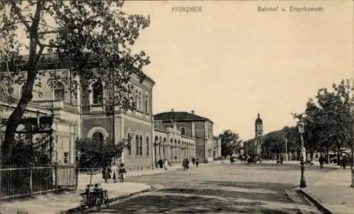 Ak Pforzheim im Schwarzwald, Bahnhof, Erbprinzenstraße