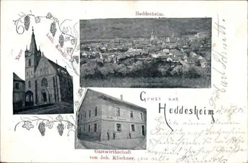 Ak Heddesheim in Baden, Gesamtansicht, Neue kath. Kirche, Gastwirtschaft Joh. Klöckner