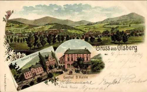 Litho Olsberg im Sauerland, Gesamtansicht, Gasthof B. Kahle, Kuranstalt Dr. Grüne