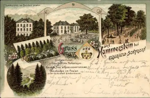 Litho Hammerstein Vohwinkel Wuppertal, Gastwirtschaft, Blick von Sonnborn, Garten