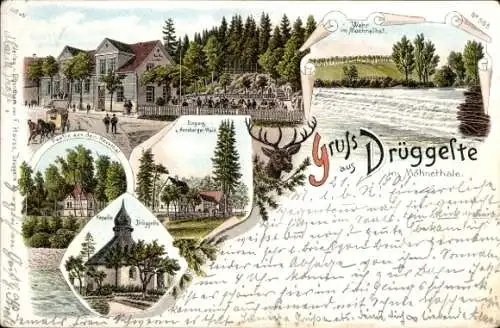 Litho Möhnesee in Westfalen, Drüggelte, Kapelle, Wehr, Gastwirtschaft, Arnsberger Wald