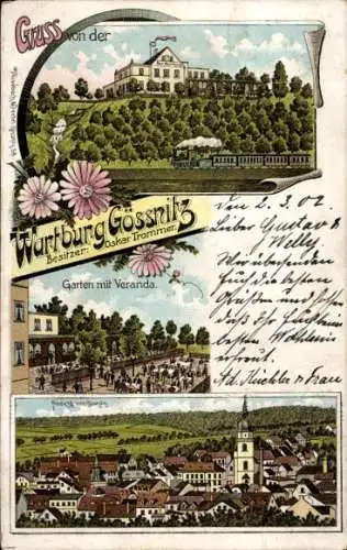 Litho Gößnitz in Thüringen, Gastwirtschaft Wartburg, Stadtansicht, Kirche