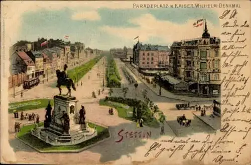 Litho Szczecin Stettin Pommern, Paradeplatz mit Kaiser Wilhelm Denkmal, Reiterstandbild, Straßenbahn