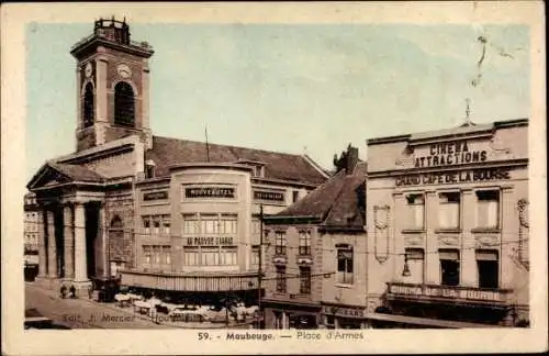 Ak Maubeuge Nord, Place d'Armes, Cinéma, Grand Cafe de la Bourse, Kino