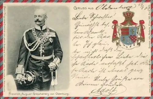 Präge Wappen Ak Großherzog Friedrich August von Oldenburg, Portrait in Uniform, Orden