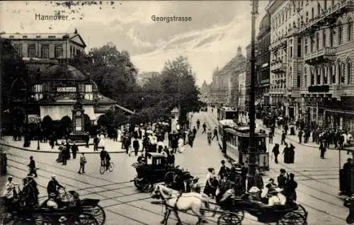 Ak Hannover in Niedersachsen, Verkehr auf der Georgstraße, Kutschen, Autos, Straßenbahnen