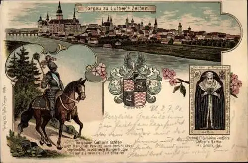 Wappen Litho Torgau an der Elbe, Stadt zu Luthers Zeiten, Torgauer Geharnischter