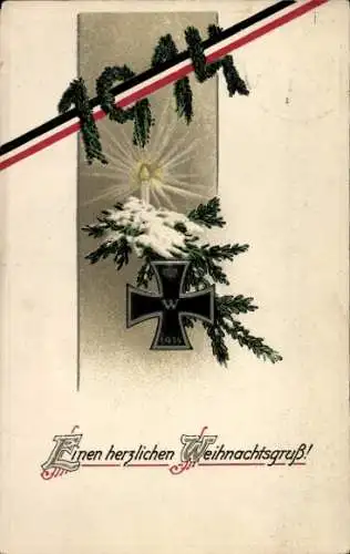 Präge Ak Glückwunsch Weihnachten, EK an Tanne, 1914