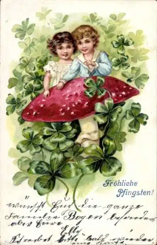 Präge Litho Glückwunsch Pfingsten, Kinder, Pilz, Glücksklee, Kitsch