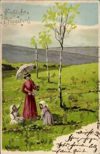 Künstler Litho Mailick, Glückwunsch Pfingsten, Frau, Kinder, Birken