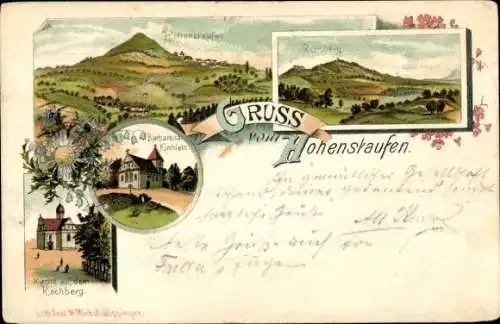 Litho Göppingen in Württemberg, Gruß vom Hohenstaufen, Kirchen, Rechberg