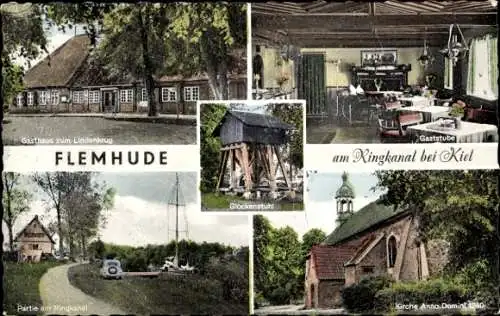 Ak Flemhude Kiel Schleswig Holstein, Gasthaus zum Lindenkrug, Kirche, Ringkanal