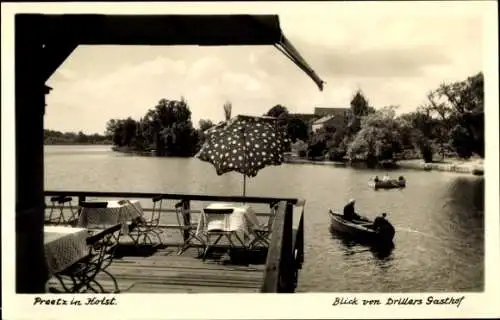 Foto Ak Preetz Holstein, Blick von Drillers Gasthof, Terrassenblick, Boote