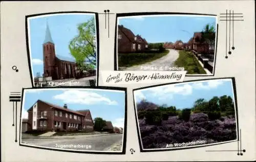 Ak Börger im Emsland, Siedlung, Kirche, Jugendherberge, Wacholderhain