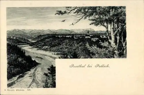 Litho Pullach im Isartal, Blick in das Isartal, Berge, Kirchturm