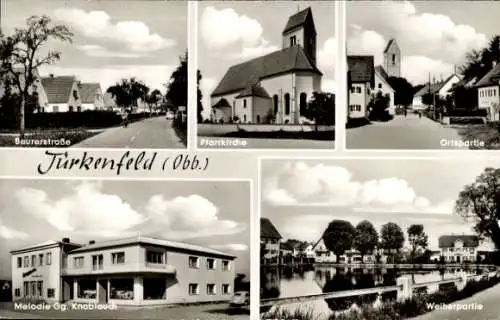 Ak Türkenfeld in Oberbayern, Beurerstraße, Pfarrkirche, Melodie Gg. Knoblauch, Weiherpartie