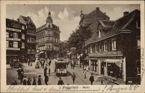 Ak Remscheid im Bergischen Land, Markt, Straßenbahn