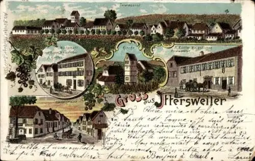 Litho Itterswiller Ittersweiler Elsass Bas Rhin, Wirtschaft zur Krone, Hauptstraße, Post, Kirche