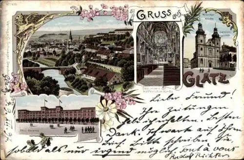 Litho Kłodzko Glatz Schlesien, Minoritenkirche, Garnison Lazarett, Neue Kaserne, Panorama vom Ort