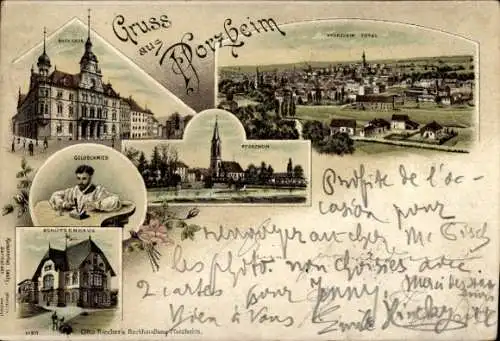 Litho Pforzheim im Schwarzwald, Schützenhaus, Goldschmied, Rathaus