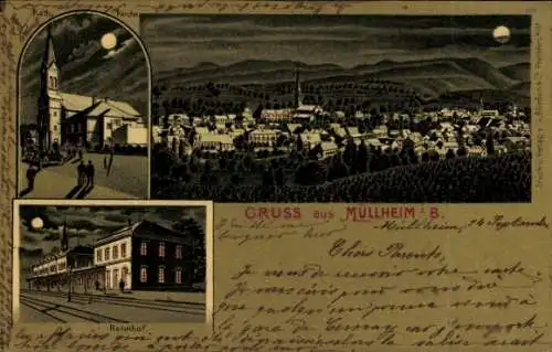 Mondschein Litho Müllheim in Baden Markgräflerland, Gesamtansicht, Bahnhof, katholische Kirche