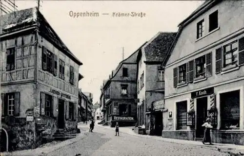 Ak Oppenheim am Oberrhein, Löwen-Apotheke, Krämerstraße, F. Kochs Café und Weinstube, Restauration