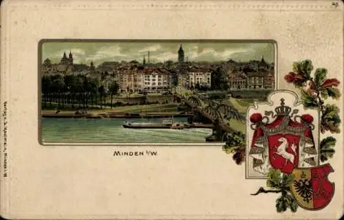 Präge Wappen Passepartout Litho Minden in Ostwestfalen Lippe, Ortsansicht, Brücke, Dampfer