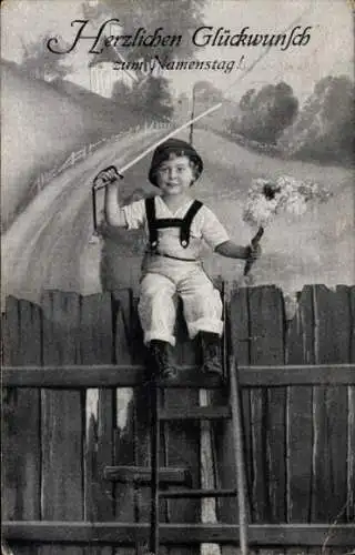 Ak Glückwunsch Namenstag, Kind, Säbel, Blumen, Zaun